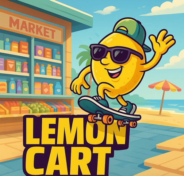 Cartoon lemon character with 
drink and cap riding a car in front of a market.